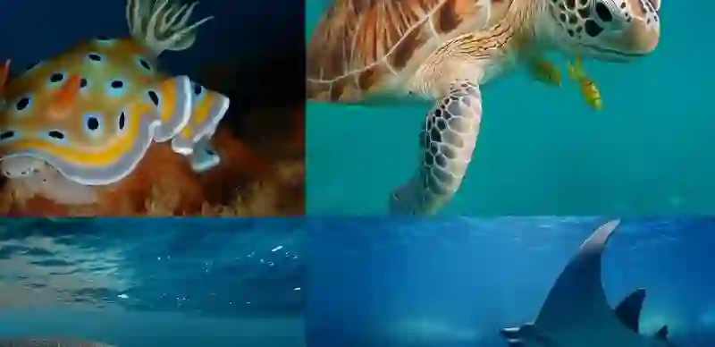 Eine lebendige Unterwasserwelt voller bunter Korallen, neugieriger Rifffische, Meeresschildkröten und Ozeanriesen